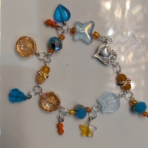 Handmade Blue Orange Silver Beaded Charm Bracelet  8"